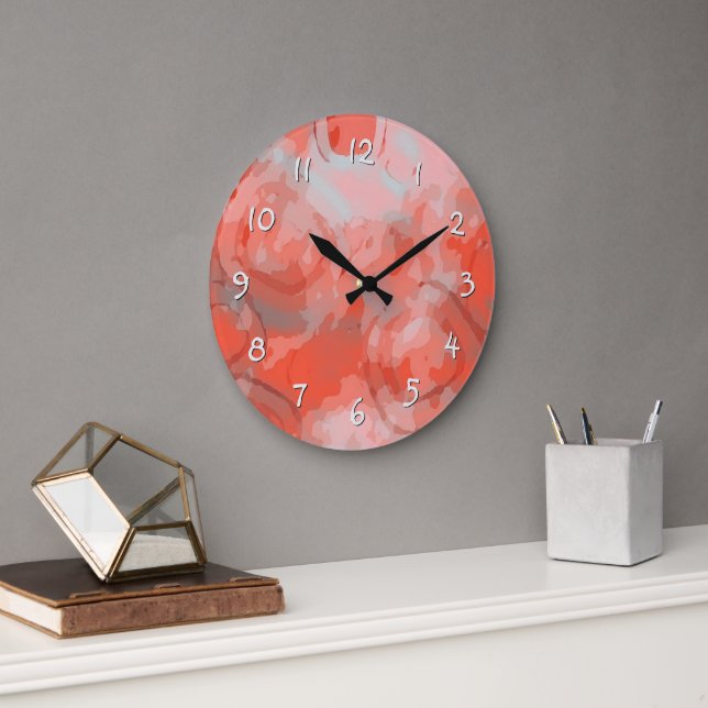Peach Blush Pink Coral Red Rounded Art Circles Large Clock (Office)