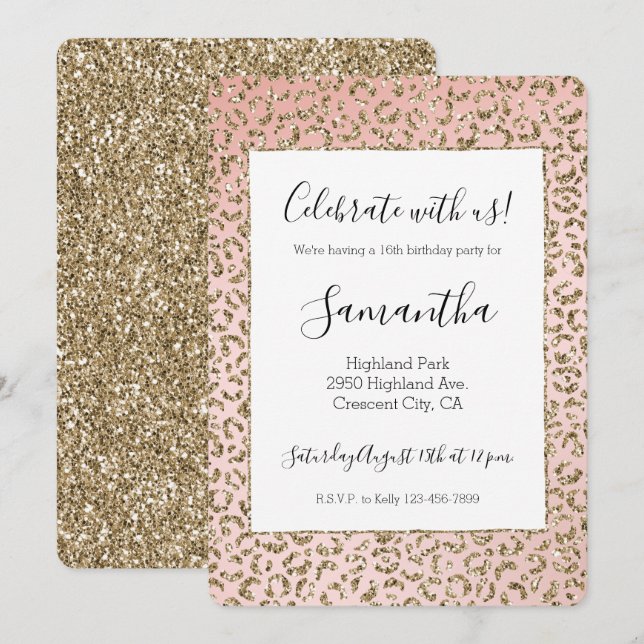 Peach Blush Pink Glitter Gold Leopard Print Invitation (Front/Back)