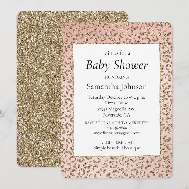 Peach Blush Pink Glitter Gold Leopard Print Invitation (Front/Back)