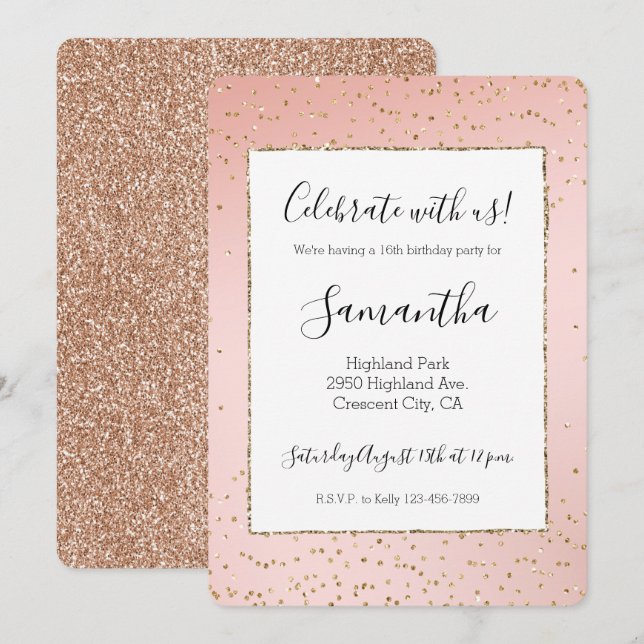 Peach Blush Pink Ombre Gold Glitter Confetti       Invitation (Front/Back)
