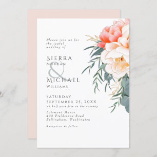 Peach Blush Pink Peony Eucalyptus Greenery Wedding Invitation