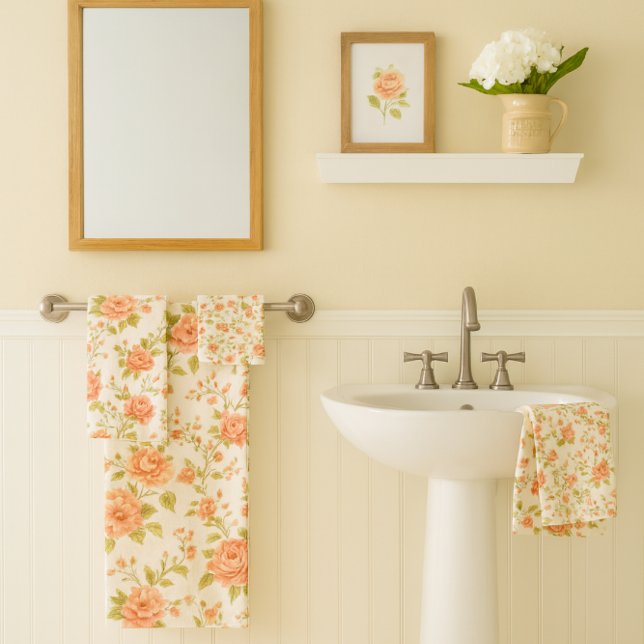 Peach Blush  Rose Floral   Bath Towel Set (Peach blush rose towel set mockup.)