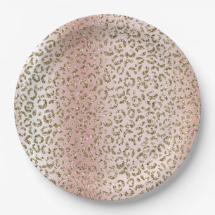 Peach Blush Rose Gold Glitter Leopard Print     Paper Plate