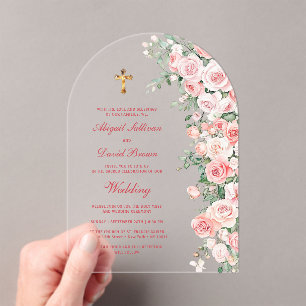 Peach Blush Roses Arch Religious Wedding Acrylic Invitations