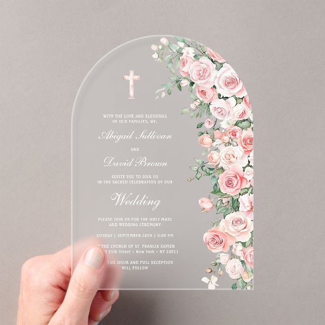 Peach Blush Roses Arch Wedding Acrylic Invitations (Insitu (Handheld))