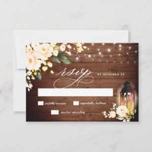 Peach Blush Roses Rustic Wood Lantern RSVP Card