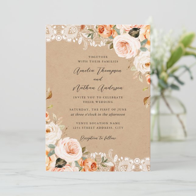 Peach Blush Rustic Botanical Floral Lace Wedding Invitation (Standing Front)