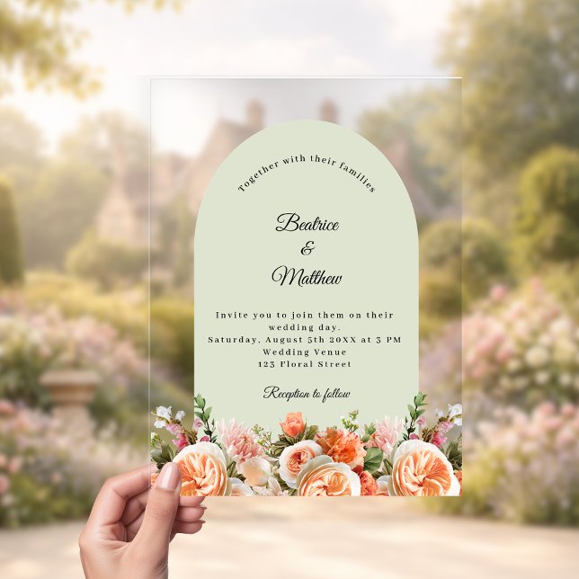 Peach blush sage greenflorals arch clear wedding acrylic invitations (Creator Uploaded)