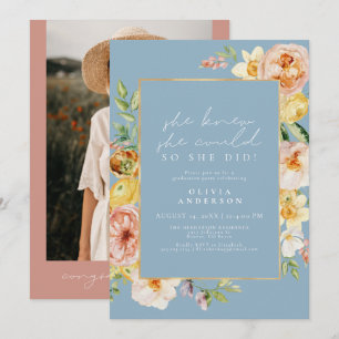 Peach Blush Spring Floral Dusty Blue Graduation  Invitation