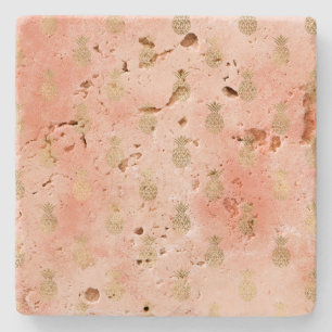 Peach Blush Tropical Gold Pineapples Stone Coaster