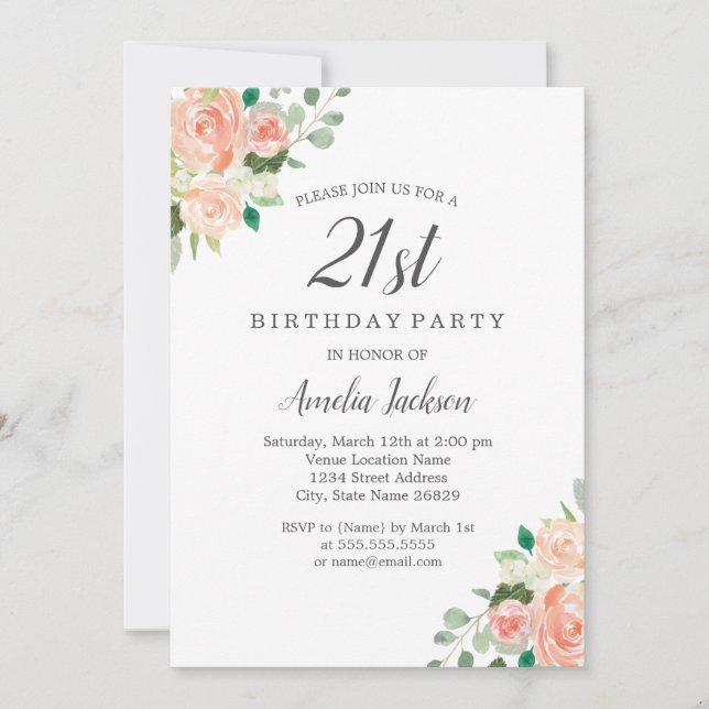 Peach Blush Watercolor Floral 21st Birthday Party Invitation (Front)