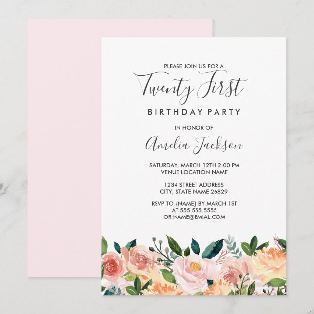 Peach Blush Watercolor Floral 21st Birthday Party Invitation (Front/Back)