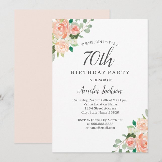 Peach Blush Watercolor Floral 70th Birthday Party Invitation (Front/Back)