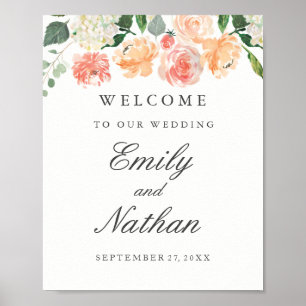 Peach Blush Watercolor Floral Welcome Wedding Sign