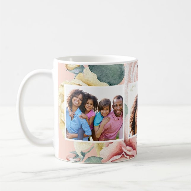 Peach Blush with Floral Three Photo Collage Coffee Mug (Left)