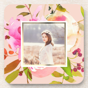 Peach Blush with Watercolor Floral Photo Coaster