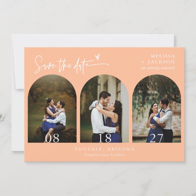 Peach Boho Arch Photo QR Code Save the Date Invitation (Front)