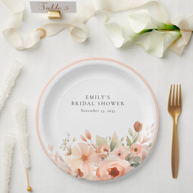 Peach Boho Floral Bridal Shower Paper Plate (Wedding)