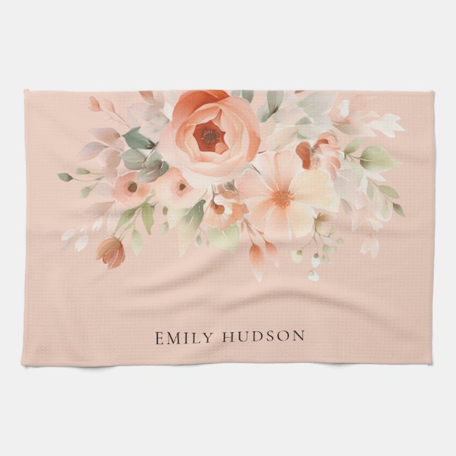 Peach Boho Floral Kitchen Towel (Horizontal)