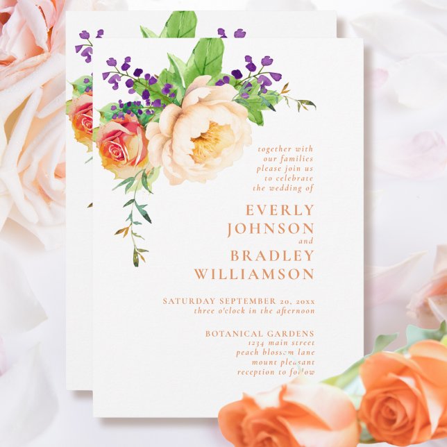 Peach Bold Watercolor Floral Botanical Wedding Invitation (Creator Uploaded)