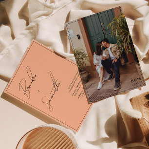 Peach Borderred Hand-Lettered Script Photo Wedding Invitation