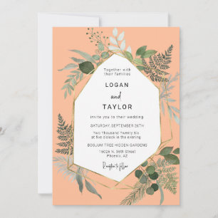 Peach Botanical Greenery Gold Frame QR Code Photo Invitation