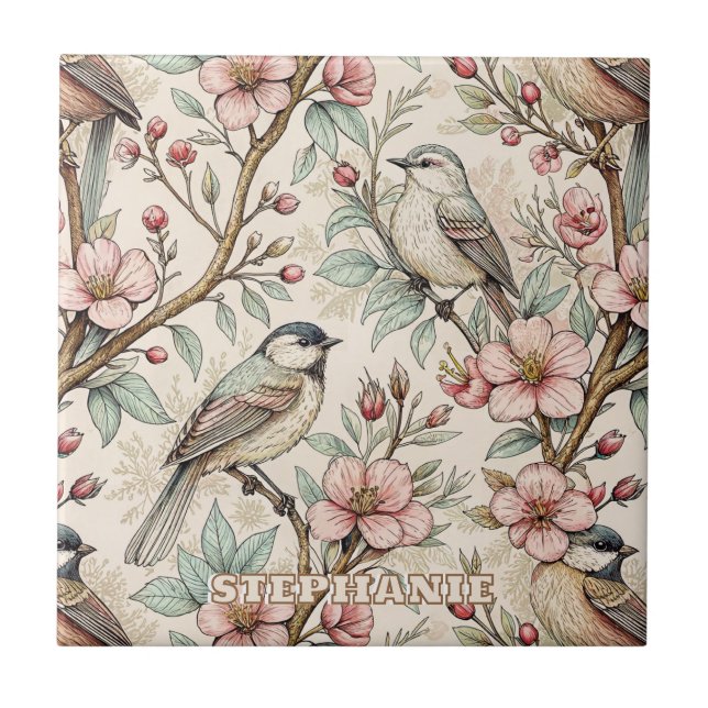Peach Botanical Songbird Black Ink Floral Pattern Tile (Front)