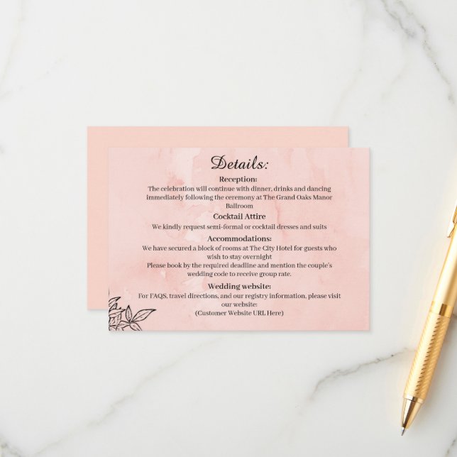  Peach Botanical Wedding Details Card (Front/Back In Situ)