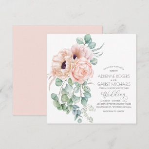 Peach Bouquet & Eucalyptus Greenery Wedding Invitation