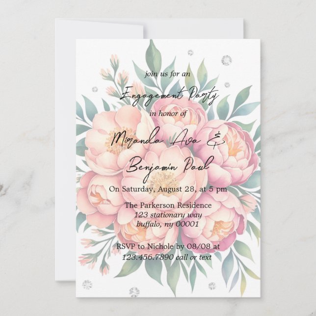 Peach Bouquet with Diamonds Engagement Party Invitation (Front)