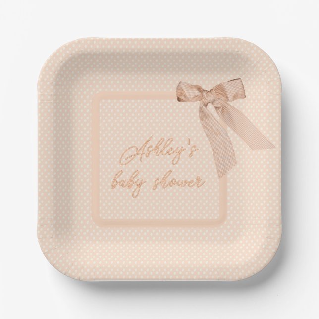 Peach Bow Baby Shower  Paper Plate (Front)