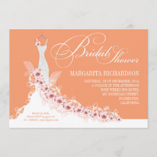 peach bridal shower invitations with wedding dress
