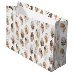 Peach Brown Cream Feathers Birthday Large Gift Bag