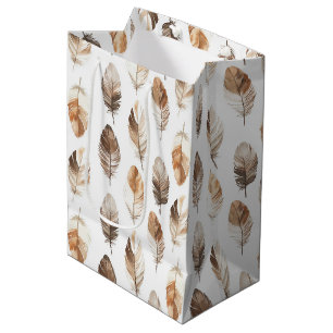 Peach Brown Cream Feathers Birthday Medium Gift Bag