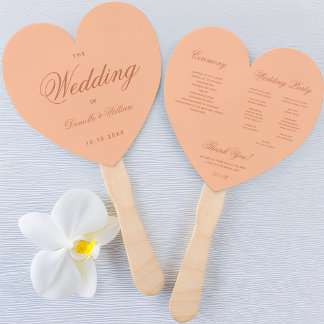Peach Brown Wedding Program Simple Heart Script  Hand Fan