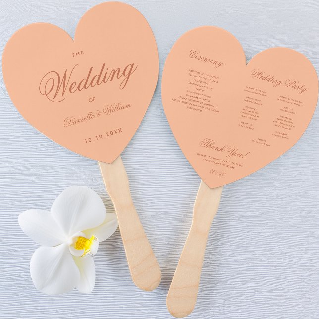 Peach Brown Wedding Program Simple Heart Script  Hand Fan (Creator Uploaded)