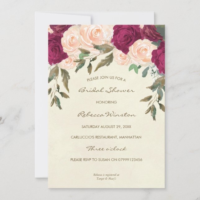 peach burgundy floral bridal shower invitation (Front)