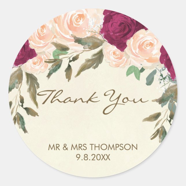 peach burgundy floral thank you favours sticker (Front)