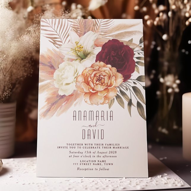 Peach Burgundy Floral Wedding Invitation (Creator Uploaded)