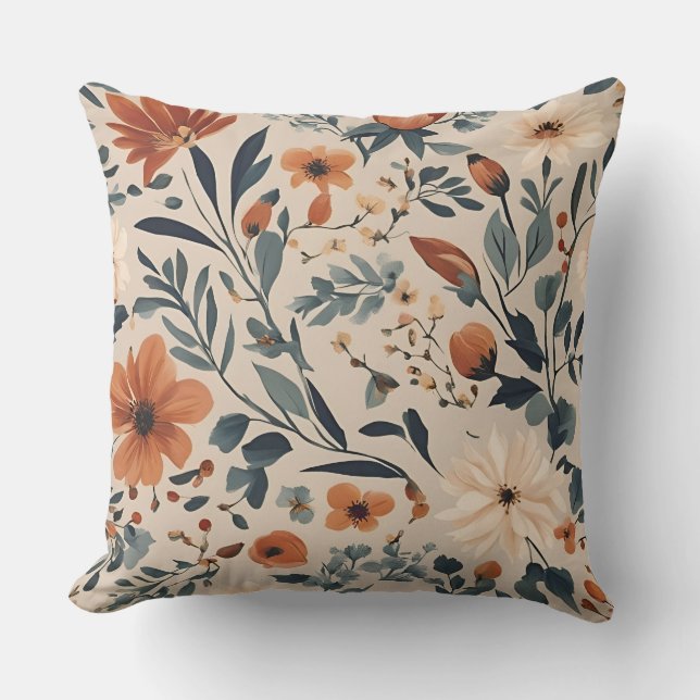 Peach Burnt Orange Navy Dusty Blue Floral Throw Pillow (Front)