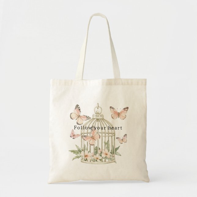 Peach Butterflies Cage Floral Tote Bag (Front)