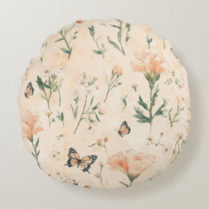 Peach Butterflies Floral Round Pillow