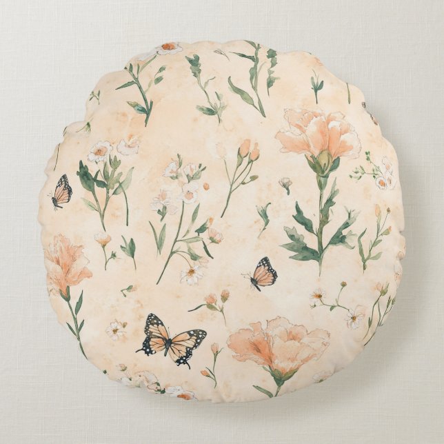 Peach Butterflies Floral Round Pillow (Front)