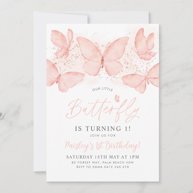 Peach Butterfly 1st Birthday Invitation Baby Girl (Front)