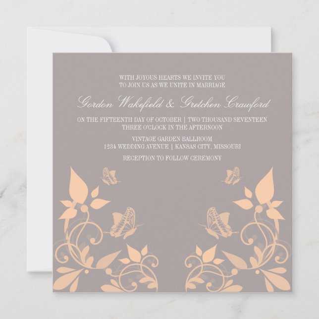 Peach Butterfly Floral Wedding Invite (Front)