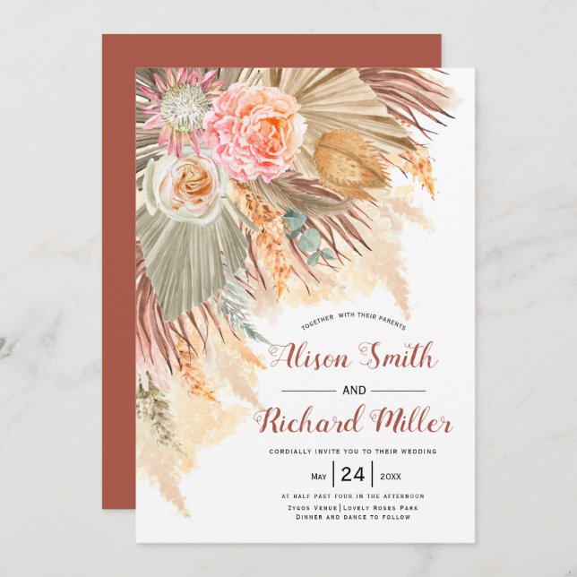 Peach cactus flowers soft terracotta arch wedding invitation (Front/Back)