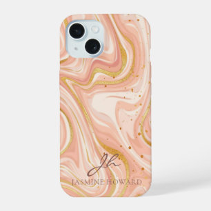 Peach Cake Marble Gold Glitter Customizable iPhone 15 Case