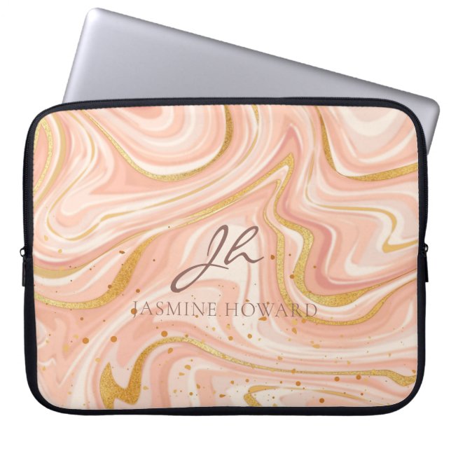 Peach Cake Marble Gold Glitter Customizable Laptop Sleeve (Front)