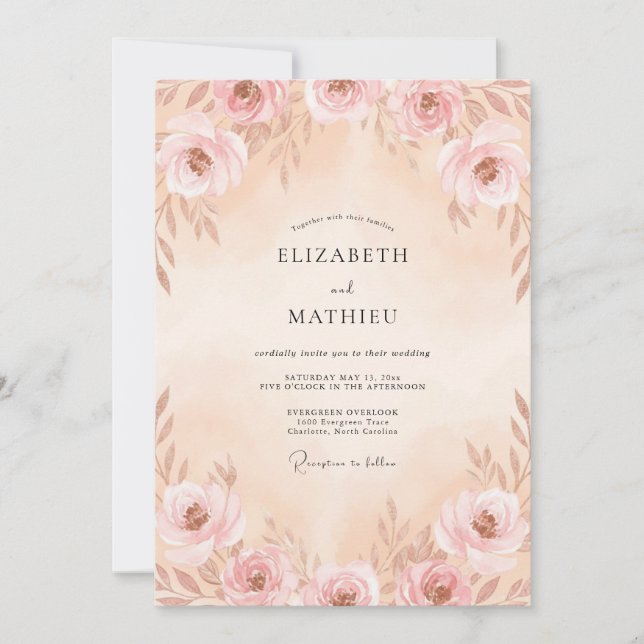 Peach Champagne Petal Wedding Invitation (Front)