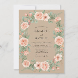 Peach Champagne Ranunculus Eucalyptus Wedding Invitation